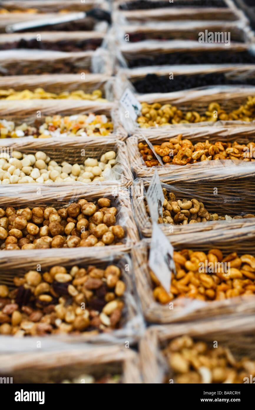 An assortment of dried fruits and nuts on sale in a health food shop