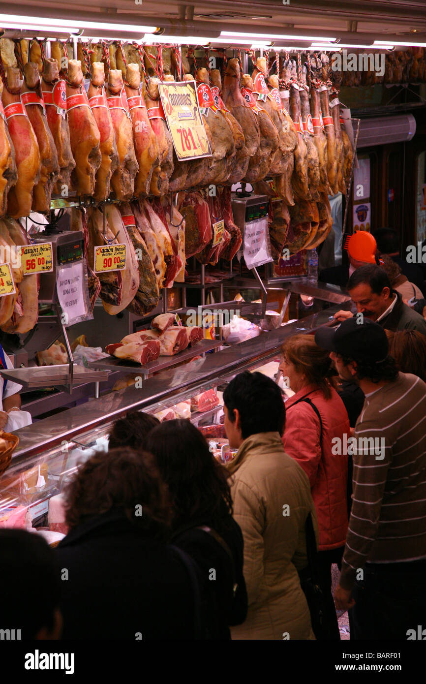 Spanish Ham hanging in traditional shop  , Jamon Madrid Spain Espana Stock Photo