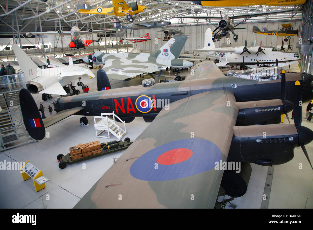 Avro Lancaster inside Duxford Air Museum AirSpace hangar Stock Photo