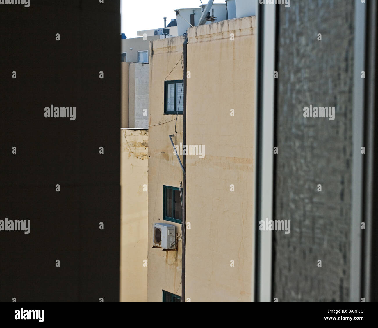 View looking through open hotel bathroom window, Sliema Malta Stock