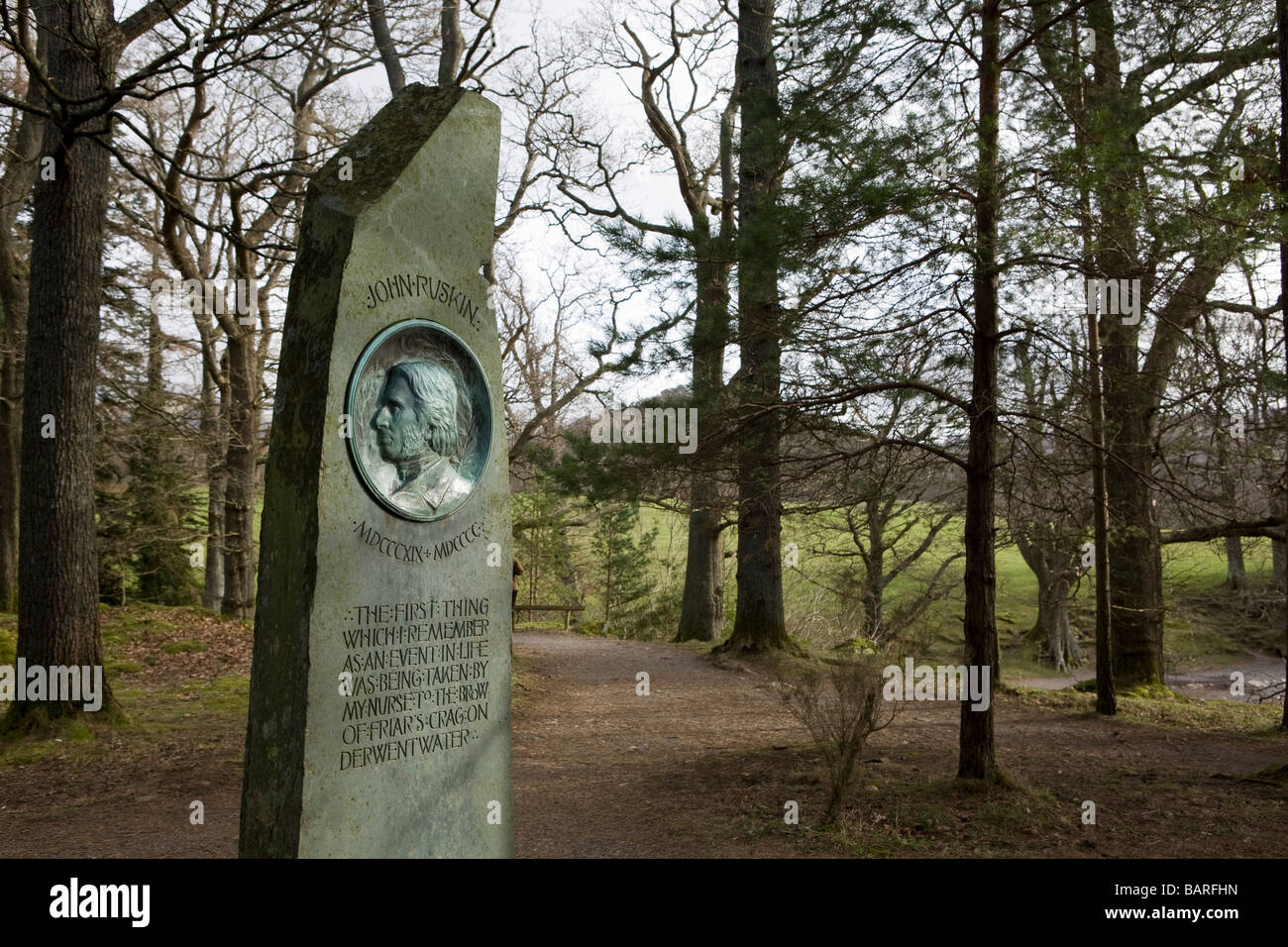 A memorial to John Ruskin beside the footpath at Friars Crag, Keswick.  In the English Lake District Stock Photo