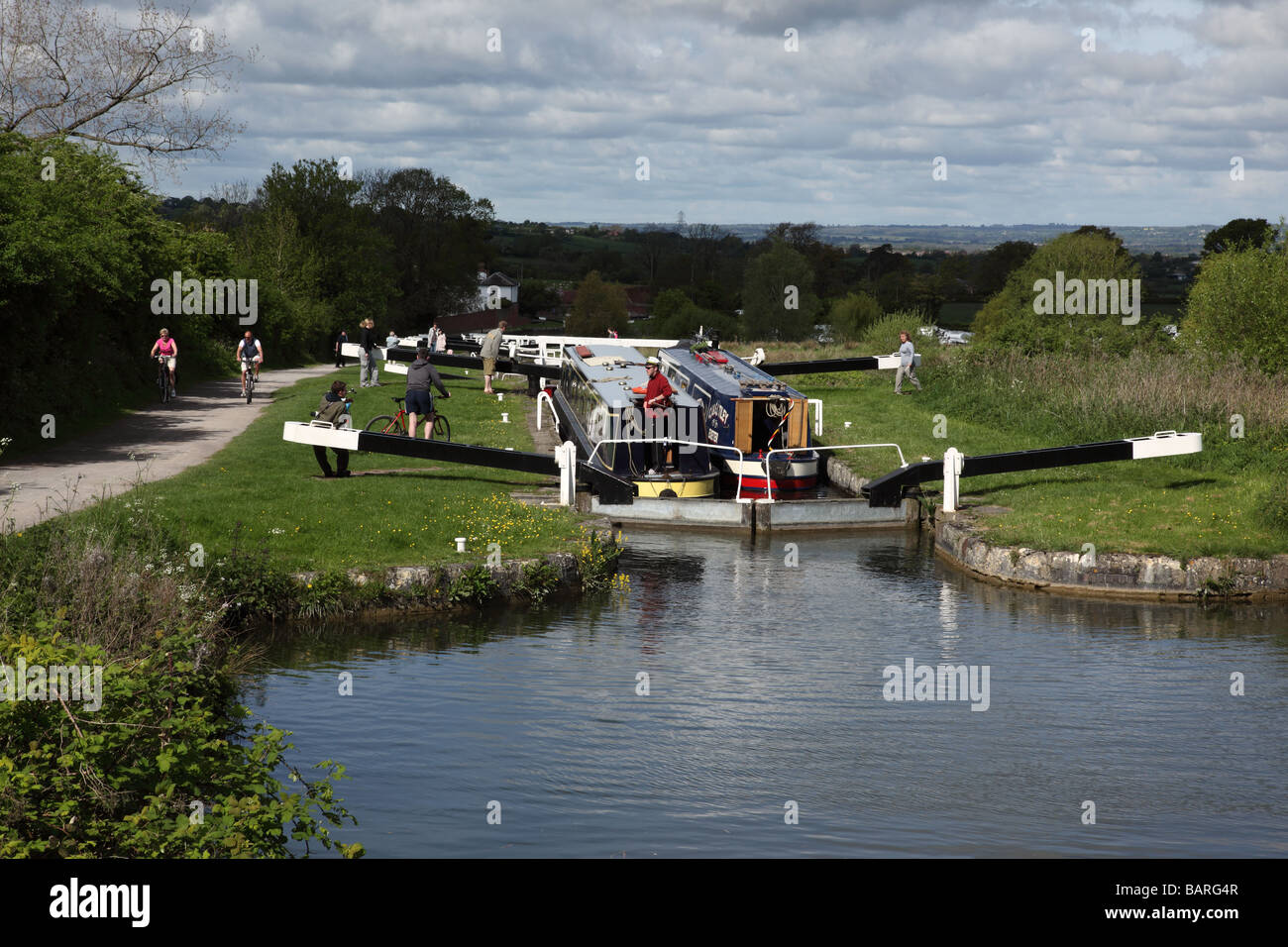Lots of activity on The Caen Hill locks, Kennet and Avon Canal, Wiltshire, England, UK Stock Photo
