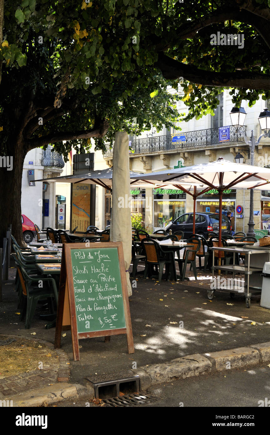 Quiet time at a Chinon cafe restaurant, France. Stock Photo