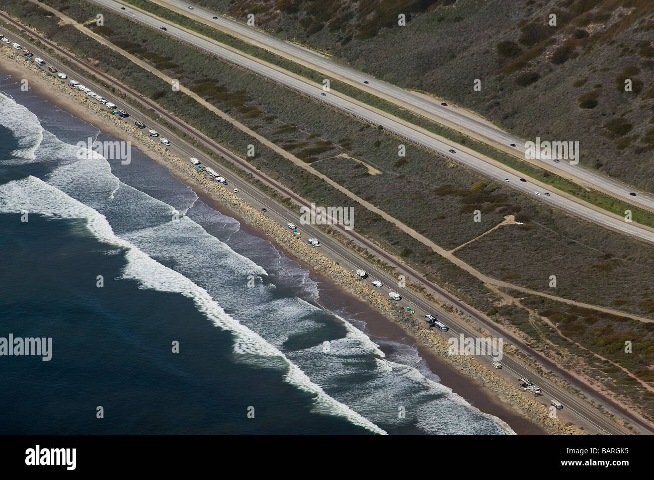 aerial view above many motorhomes parked along pacific coast highway one California Stock Photo