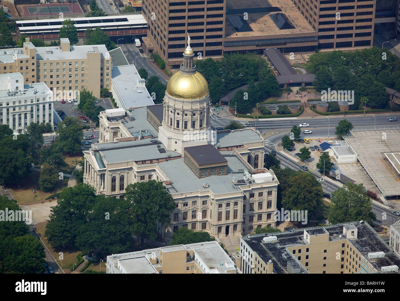 aerial view above Atlanta Georgia state capitol building Stock Photo