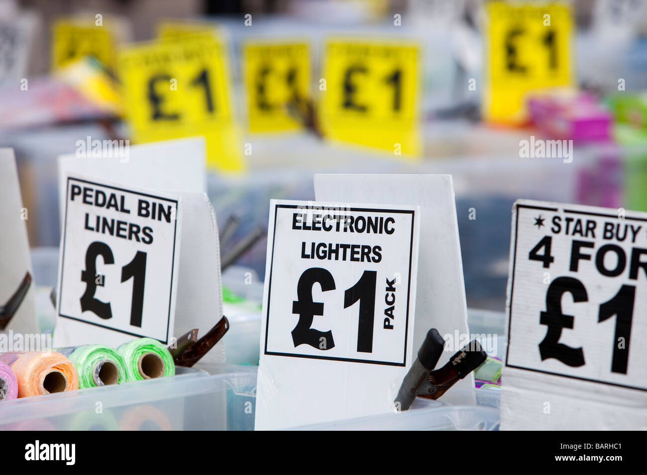 Items being sold cheaply on a market stall in Leicester UK Stock Photo Alamy