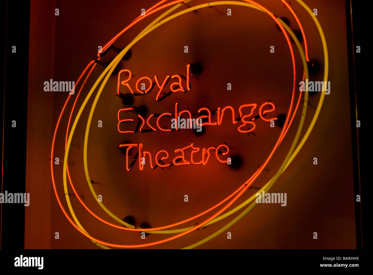 Royal Exchange Theatre neon sign at entrance Stock Photo