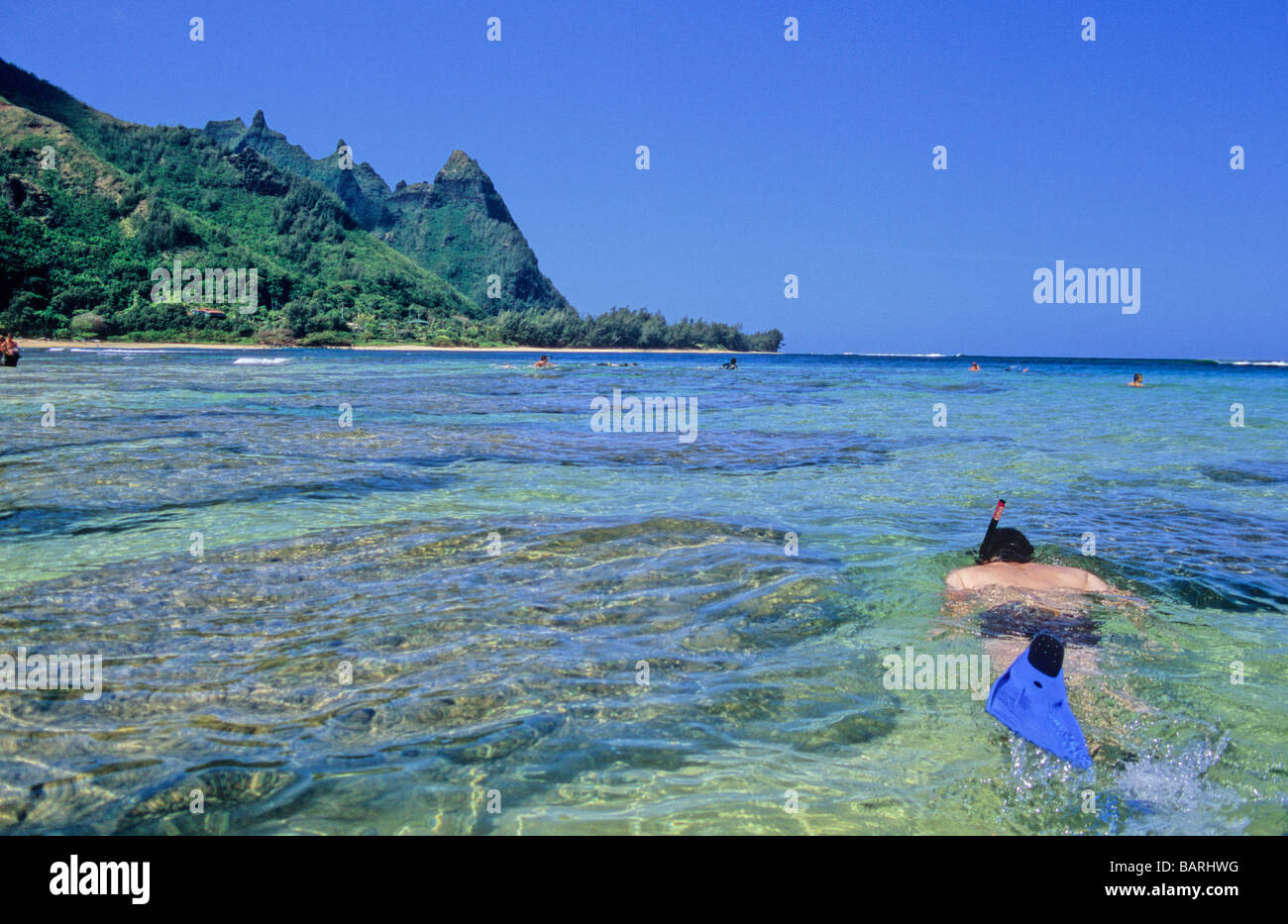 Snorkeler at Tunnels Beach on Kauai Stock Photo Alamy