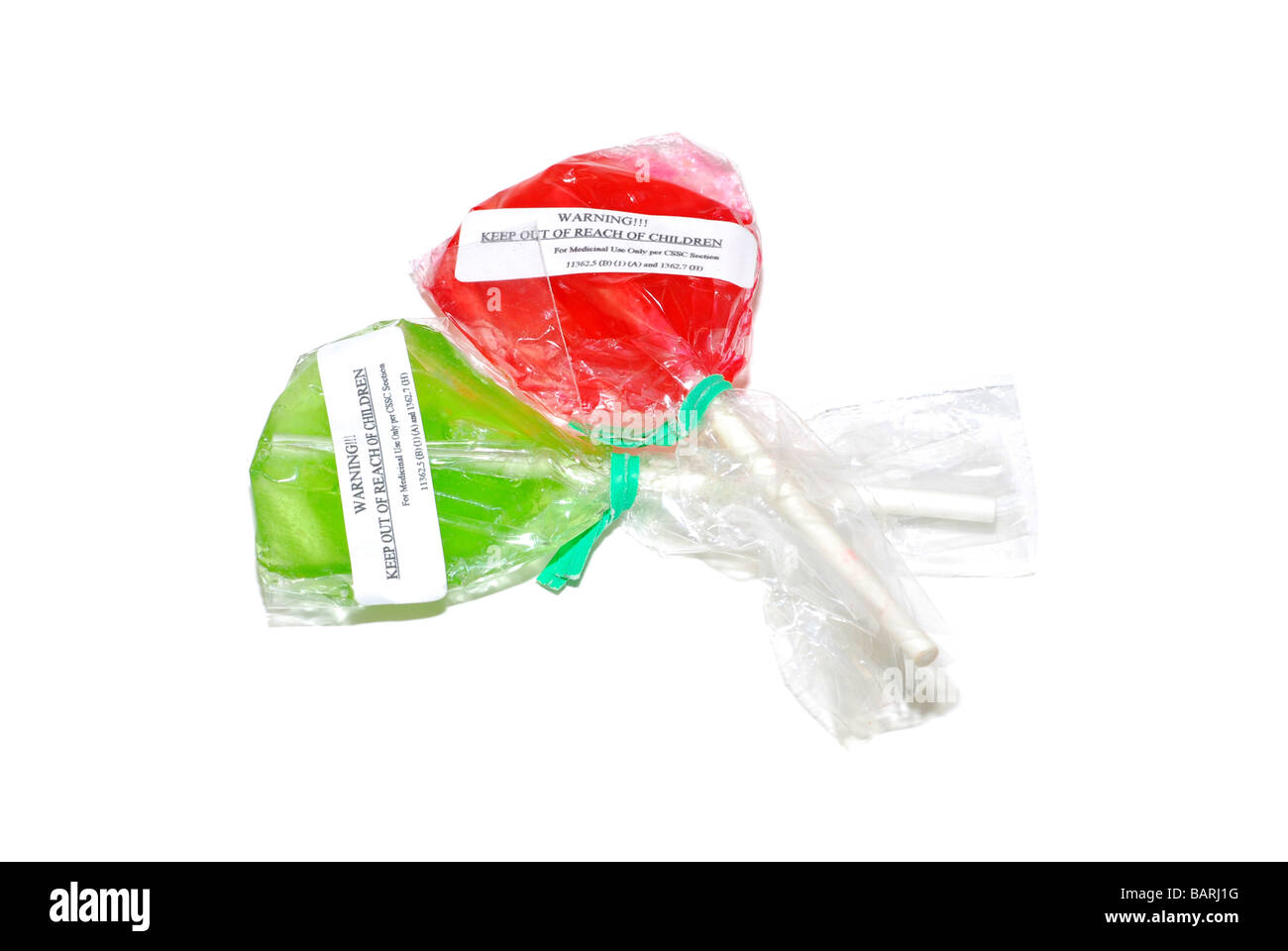 Two flavored lollipops containing edible medical cannabis Stock Photo