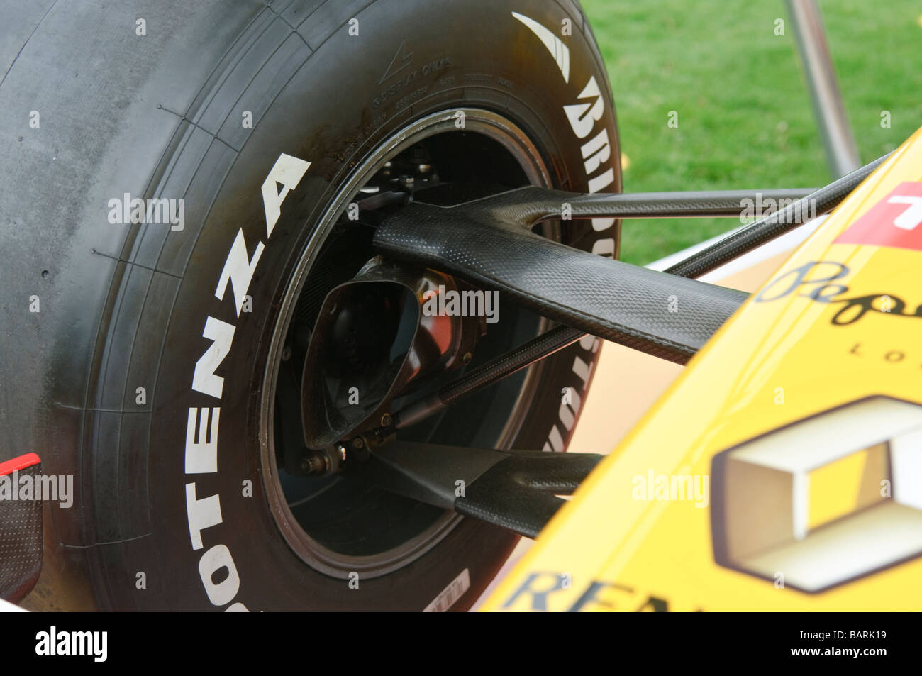 Front wheel, carbon fibre suspension and air scoop on a R29 Renault chassis Stock Photo