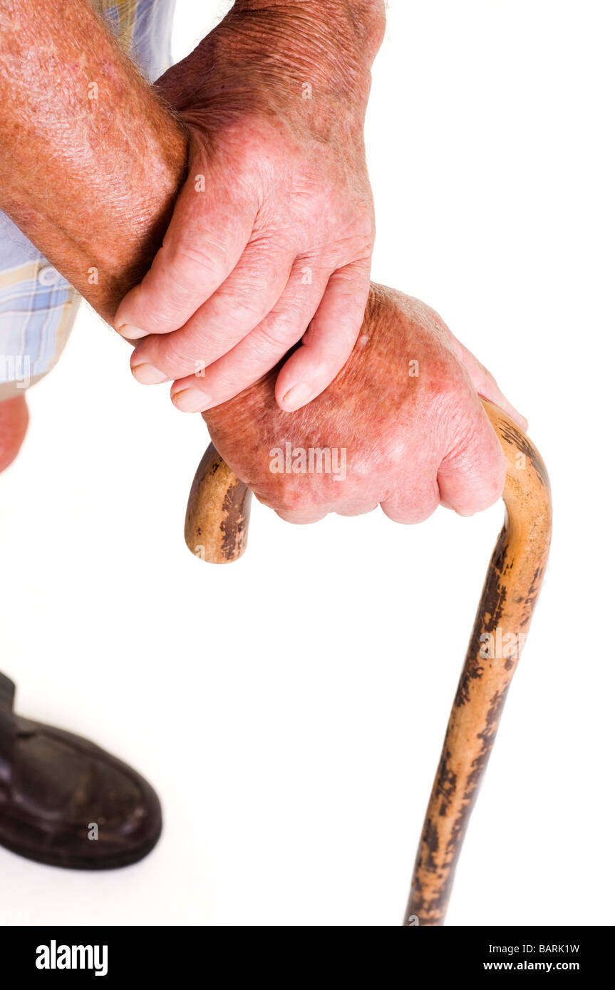 old man and walking stick Stock Photo