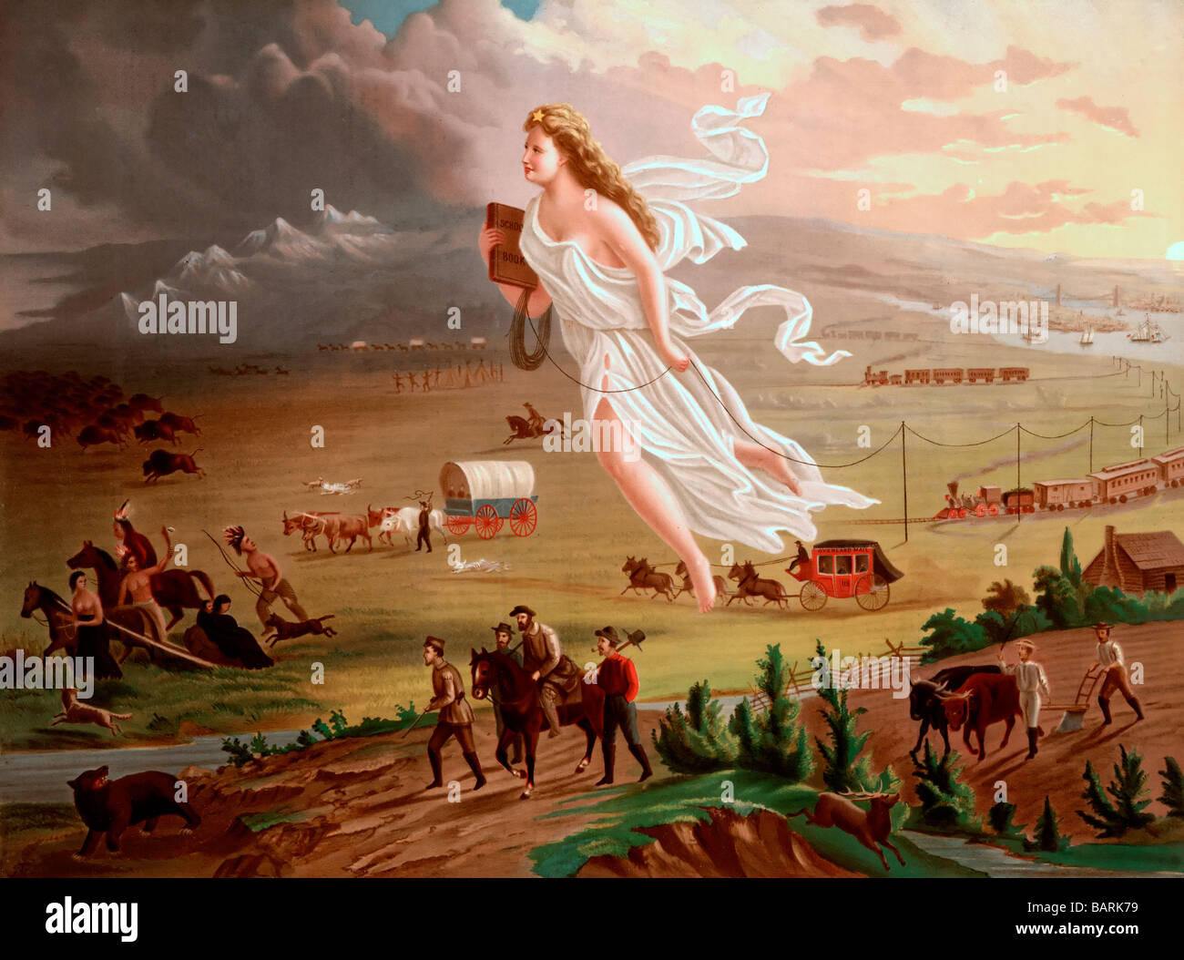 American progress - Allegorical female figure of America leading pioneers and railroads westward. Stock Photo