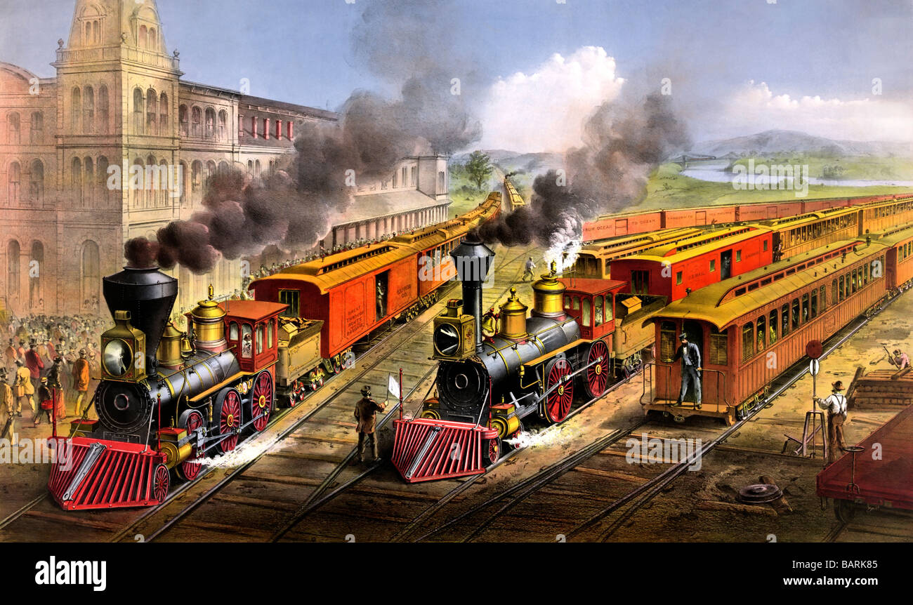 American railroad scene lightning express trains leaving the junction