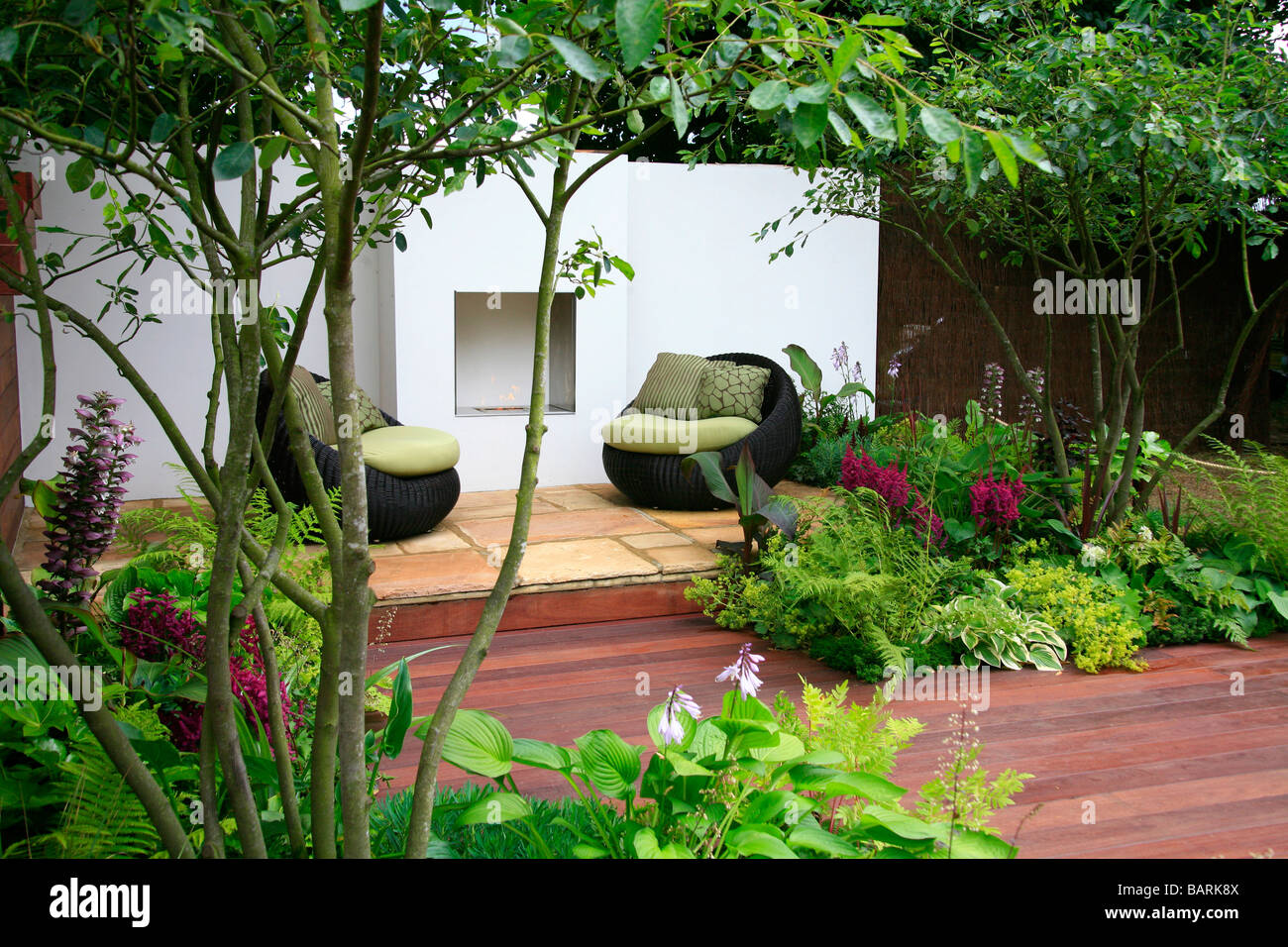 Small garden with hardwood decking and borders planted with shade loving ferns and perennials. Stock Photo