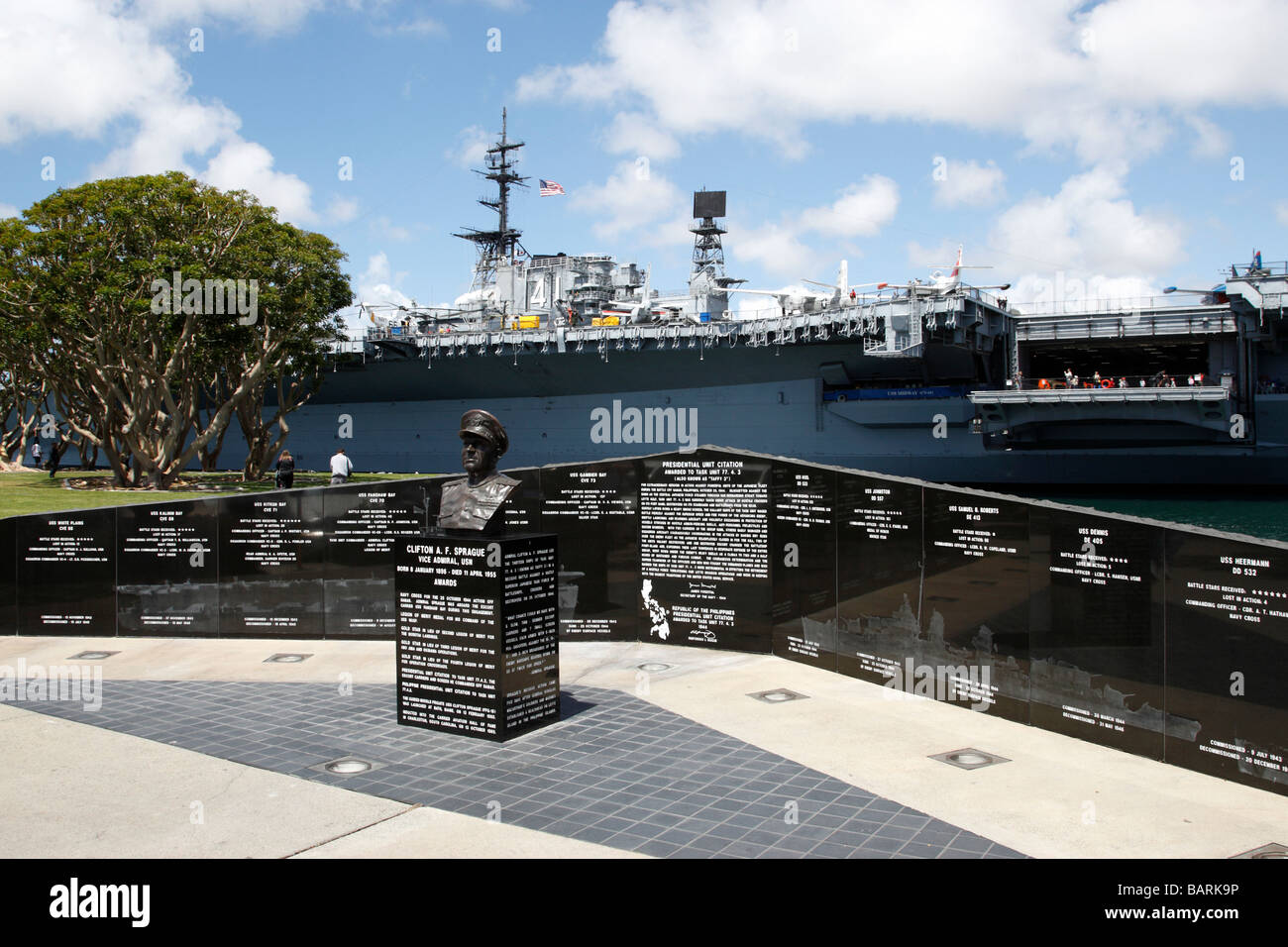 battle of leyte gulf memorial the midway aircraft carrier in the background harbor drive embarcadero san diego california usa Stock Photo