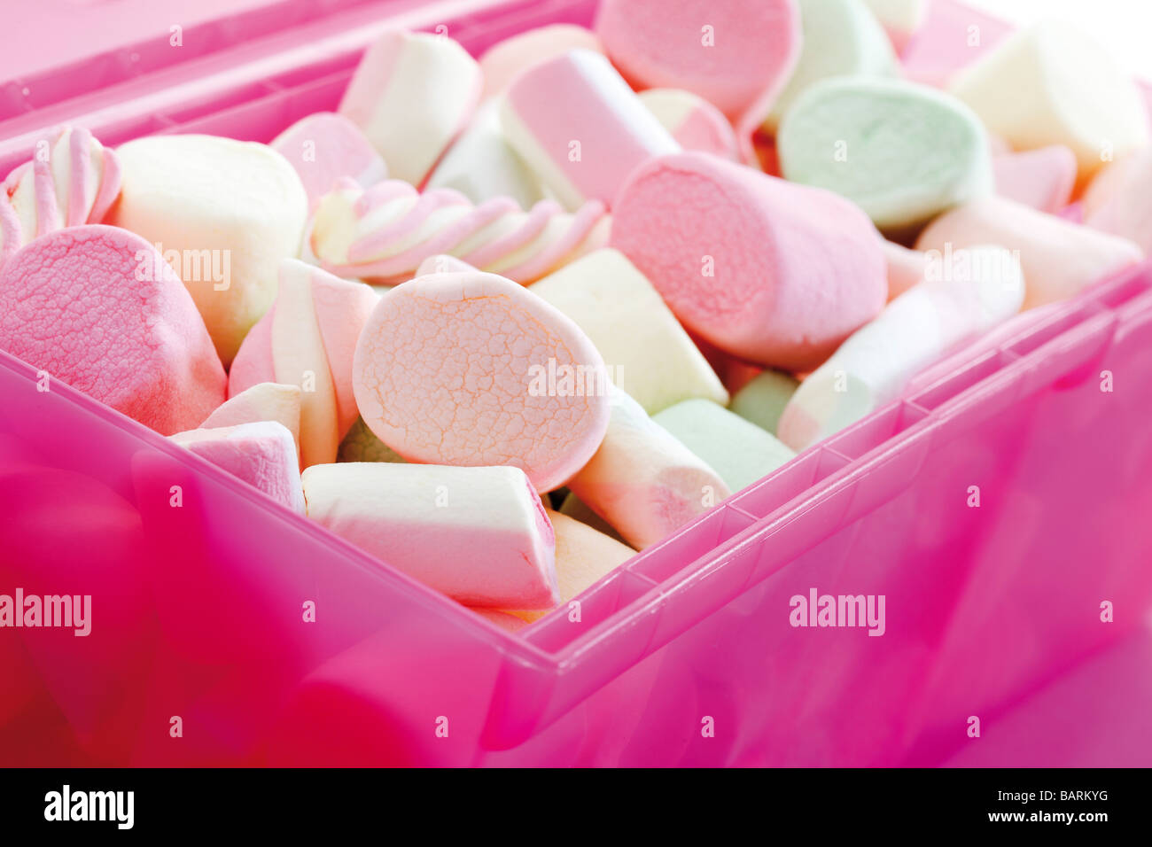 Marshmallows in plastic box, closeup Stock Photo Alamy