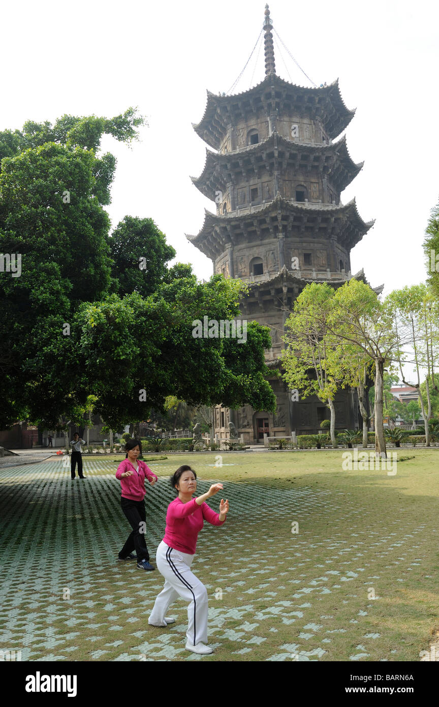 People practice Taiji in early morning at Kaiyuan Si Temple in Quanzhou, Fujian, China. 14-Apr-2009 Stock Photo