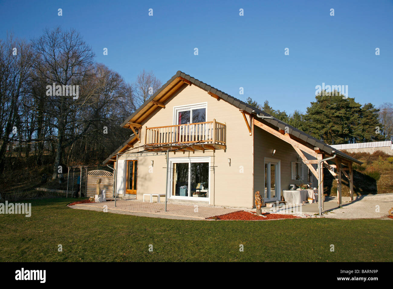 Correze France Newly built wooden house and garden Stock Photo