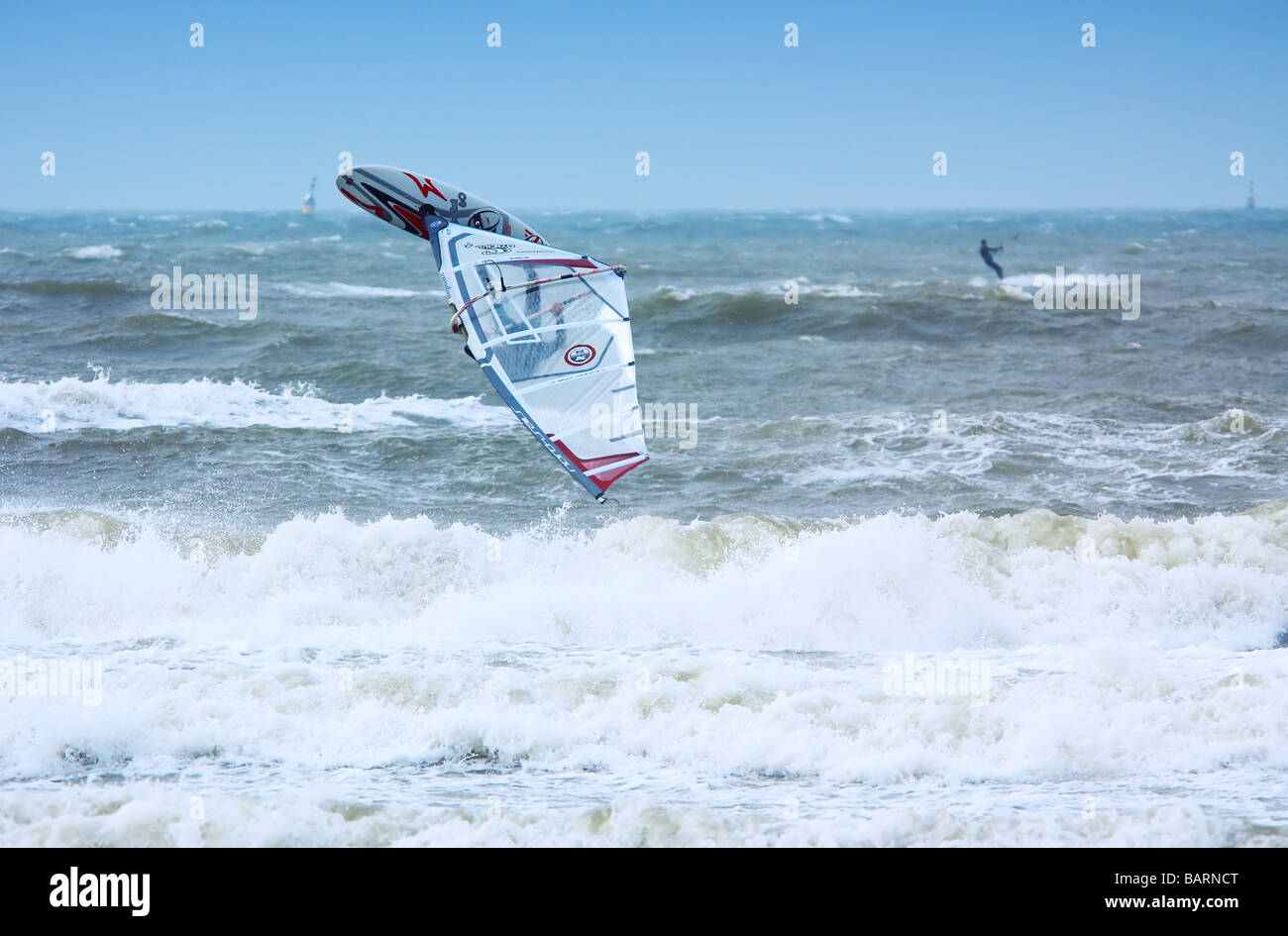 extreme windsurfing in Scheveningen north sea Holland The Netherlands