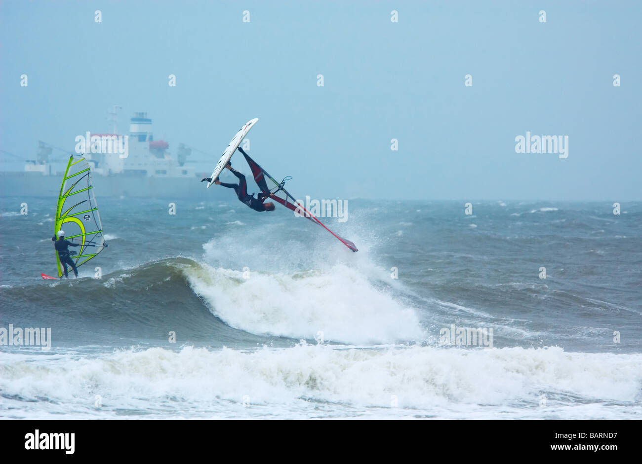 extreme windsurfing in Scheveningen north sea Holland The Netherlands