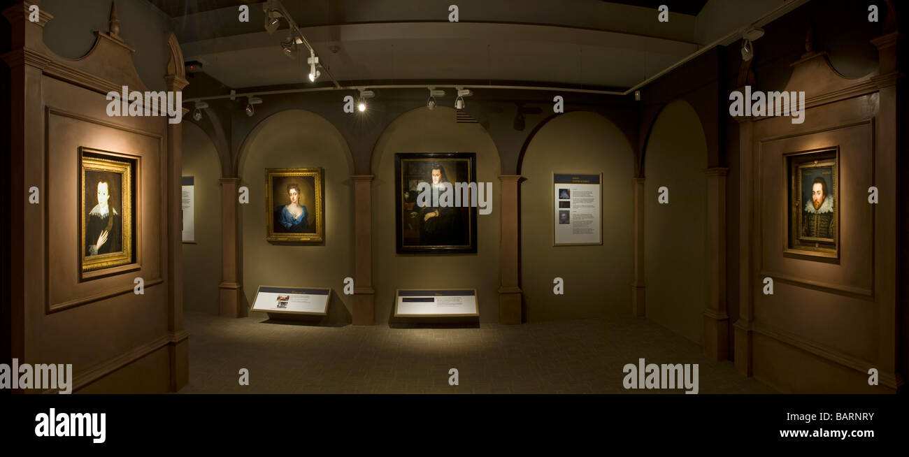 The 'Cobbe' portrait (right) of William Shakespeare in the 'Shakespeare Found' exhibition at the Shakespeare Birthplace Trust. Stock Photo