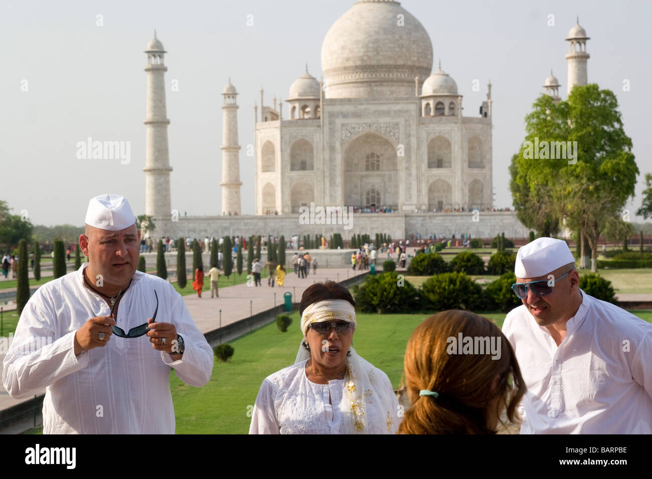 India Agra The Taj Mahal The three Israeli Judges of the Israeli version of American Idol on site scouting for talent Stock Photo