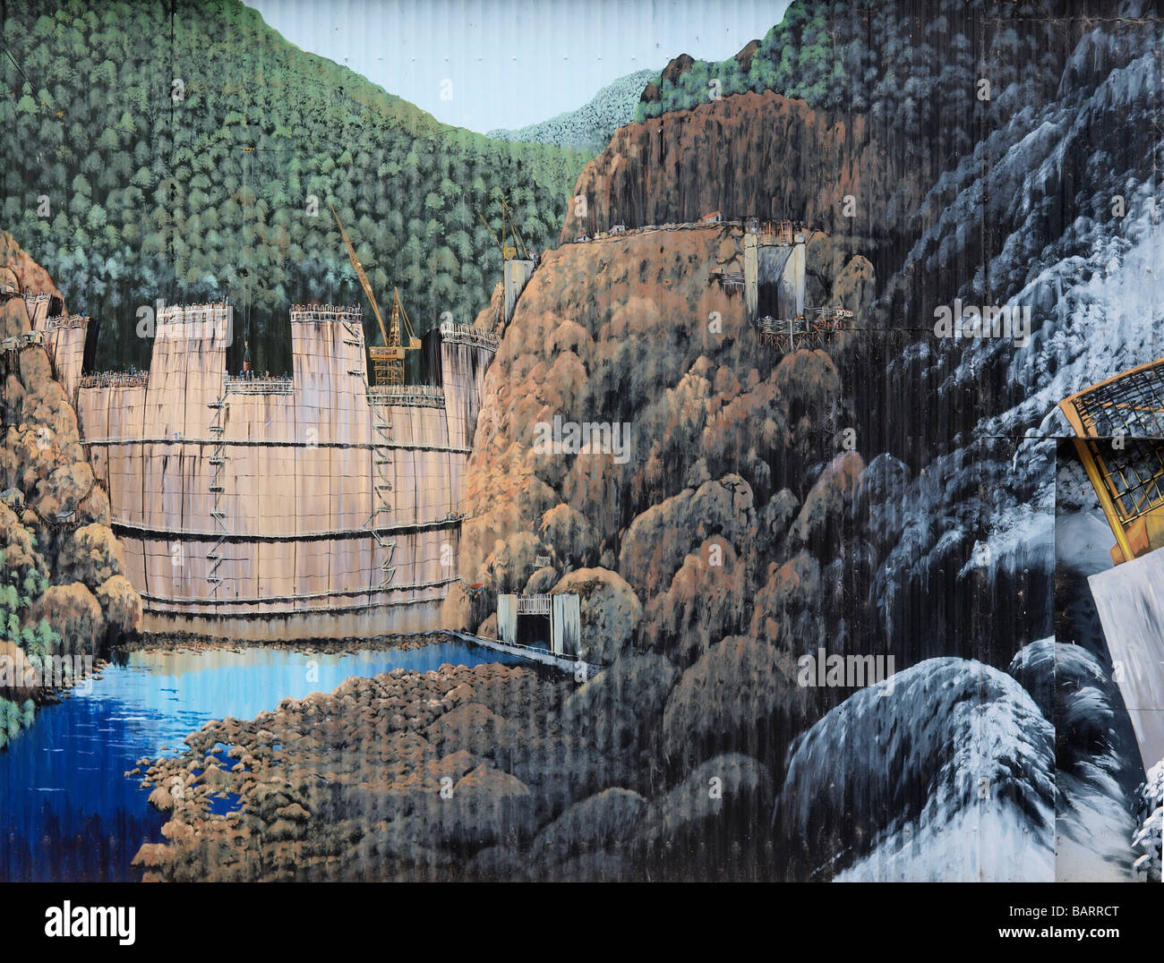PAINTED MURAL DEPICTING THE BUILDING OF HYDRO ELECTRIC POWER STATION SCHEME IN TASMANIA AUSTRALIA Stock Photo