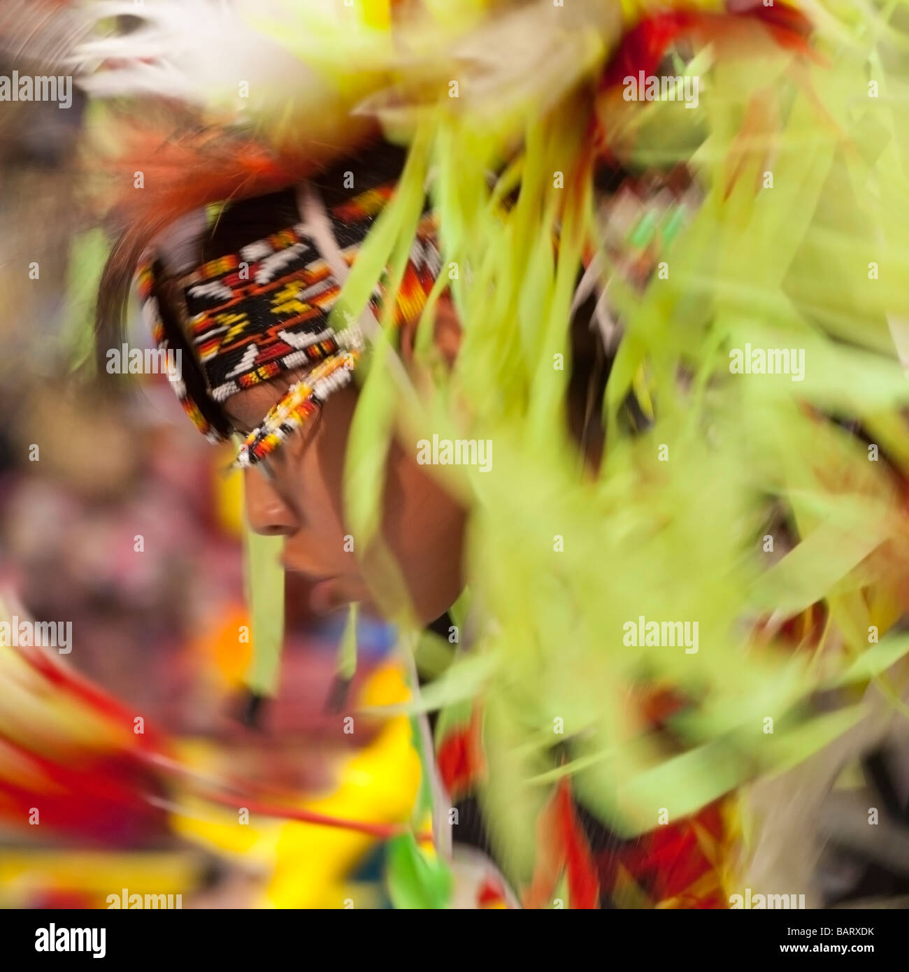 Powwow Dancer in Motion at the Gathering of Nations Powwow, Albuquerque, New Mexico Stock Photo