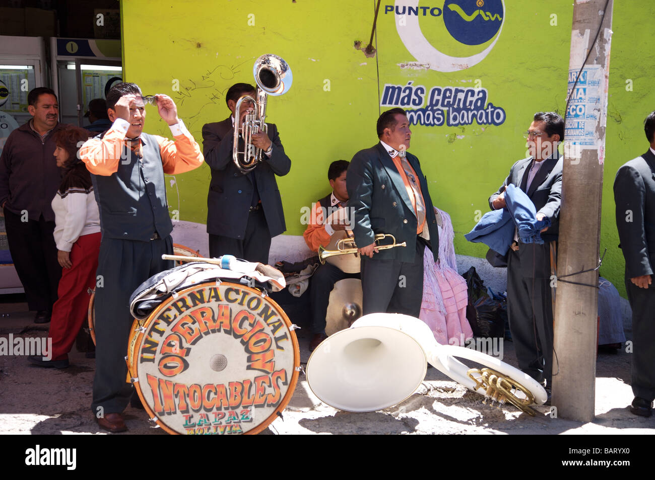 A band play at a street celebration in La Paz Bolivia Stock Photo