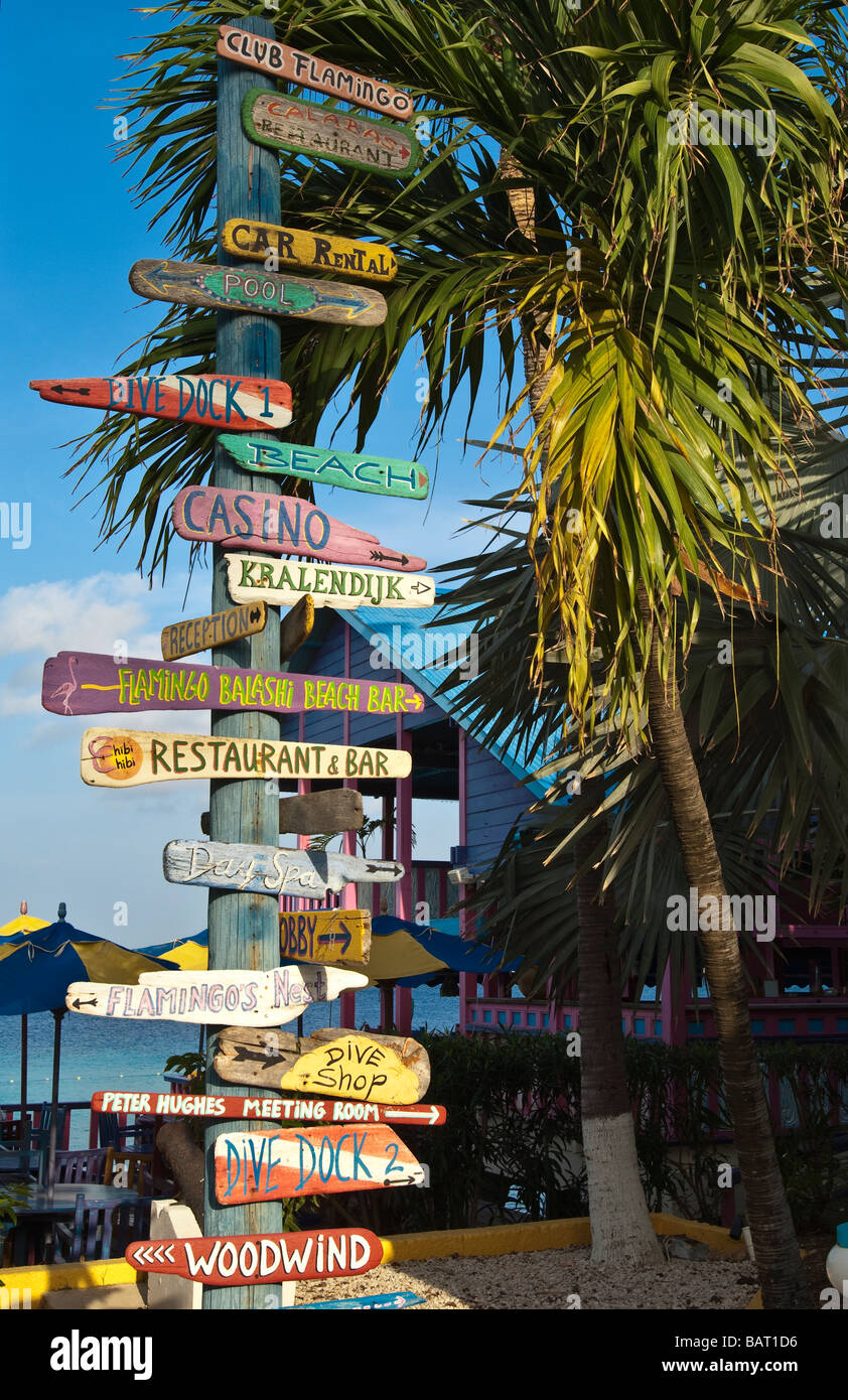 Signpost at Divi Flamingo Beach Resort, Kralendijk, Bonaire, Netherlands Antilles Stock Photo