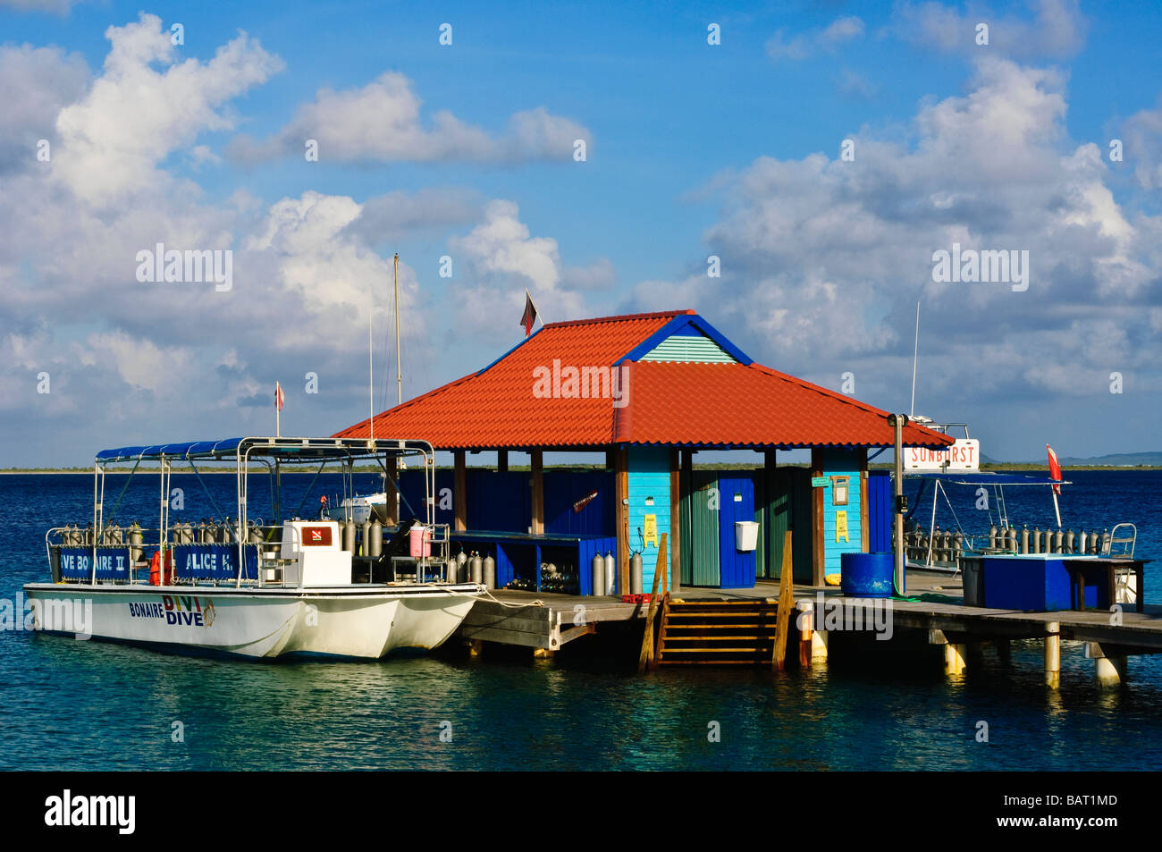 Dive boat at dock Divi Flamingo Beach Resort Bonaire Stock Photo