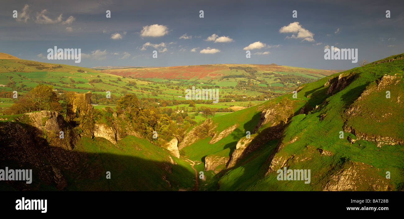 View down Cavedale with Peveril Castle on the left the Peak District Derbyshire Stock Photo