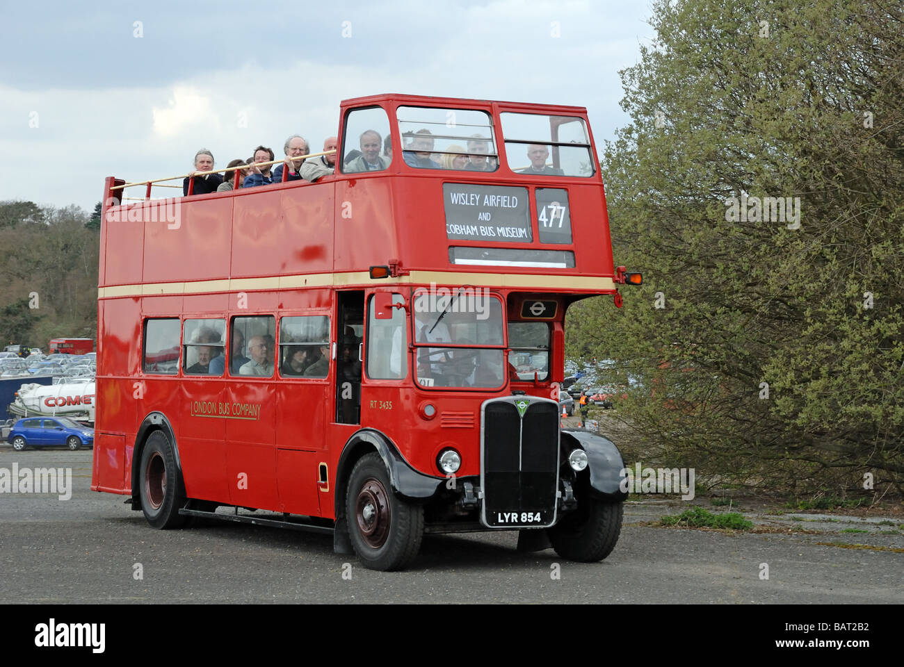 Three quarter side view of LYR 854 RT 3435 a London Bus Company RT open top double decker being used as a feeder bus at the Stock Photo