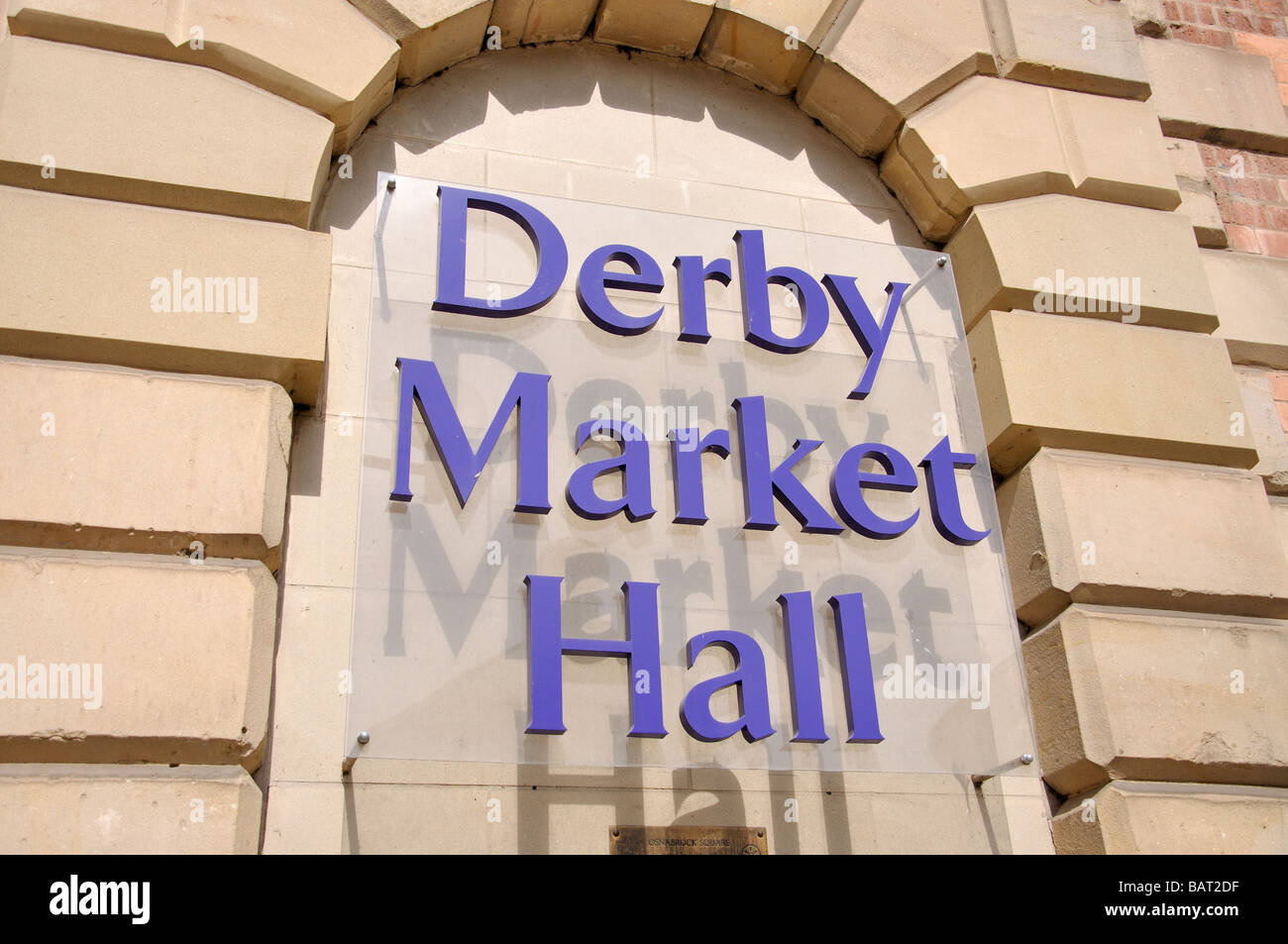 Entrance sign, Derby Market Hall, Derby, Derbyshire, England, United Kingdom Stock Photo