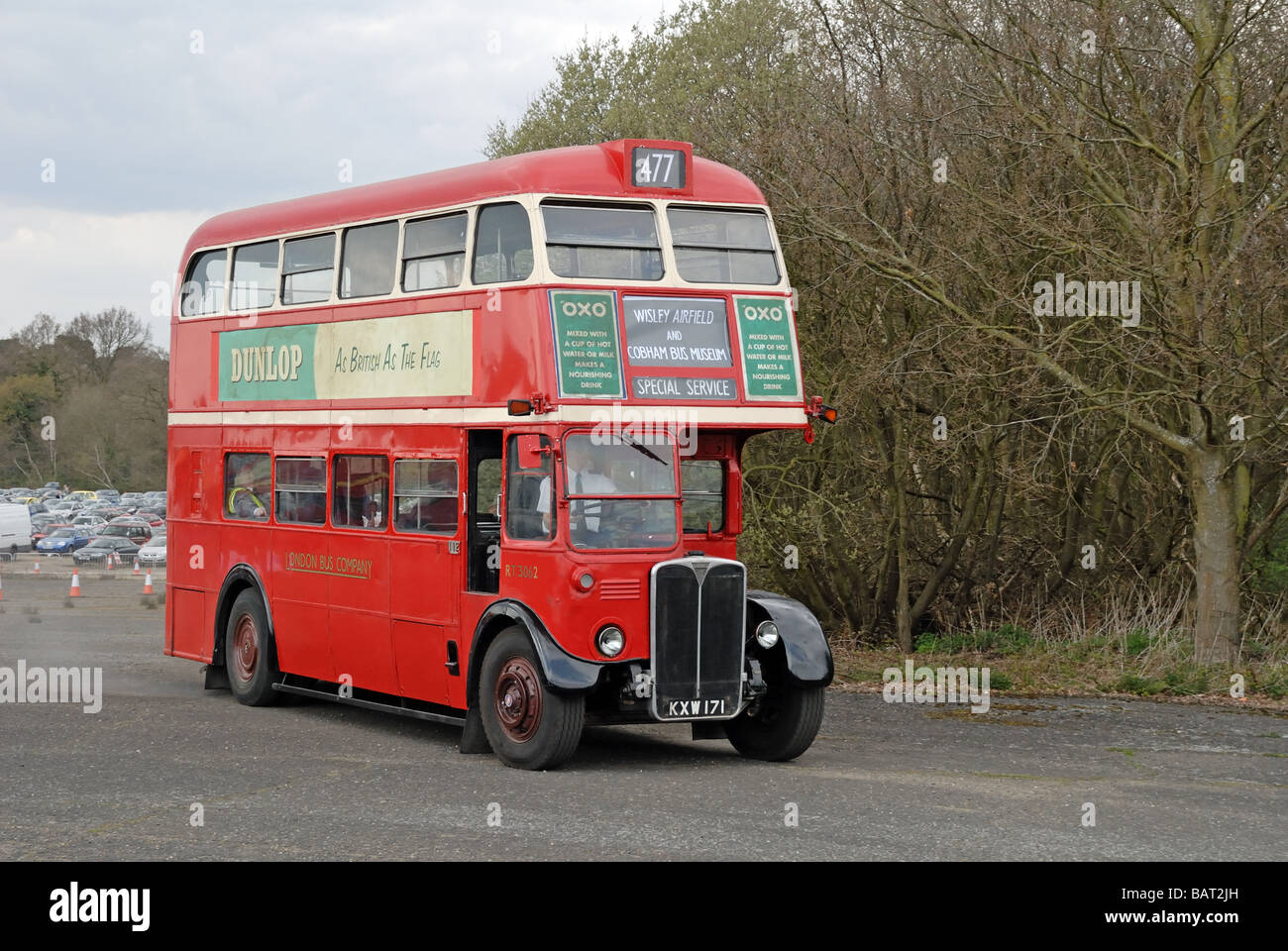 Three quarter front view of KXW 171 a 1950 London Bus Company AEC Regent III RT 3062 with a Saunders body being used as a feeder Stock Photo