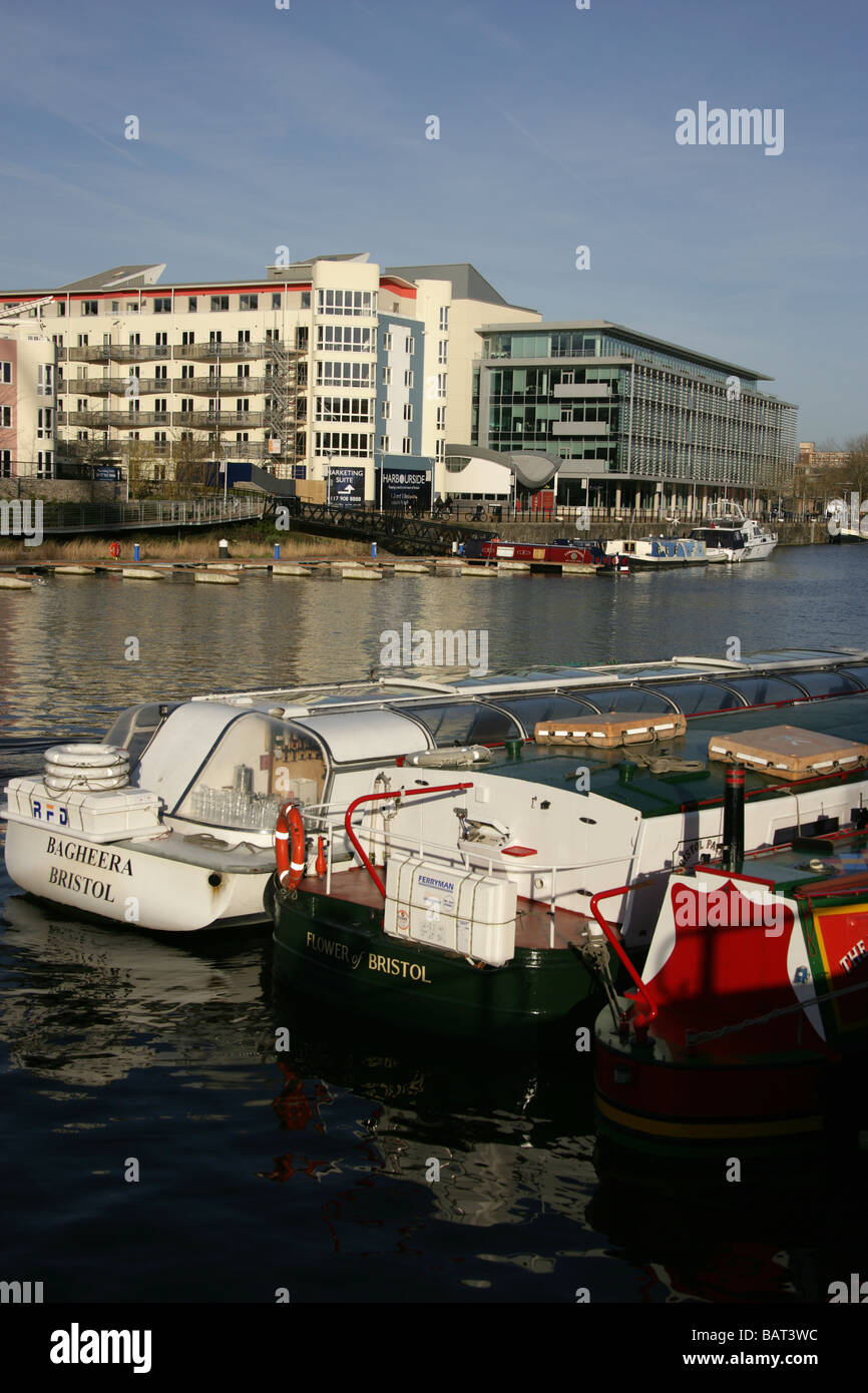 City of Bristol, England. Various leisure, canal and sightseeing boats berthed at Bristol’s Floating Harbour. Stock Photo