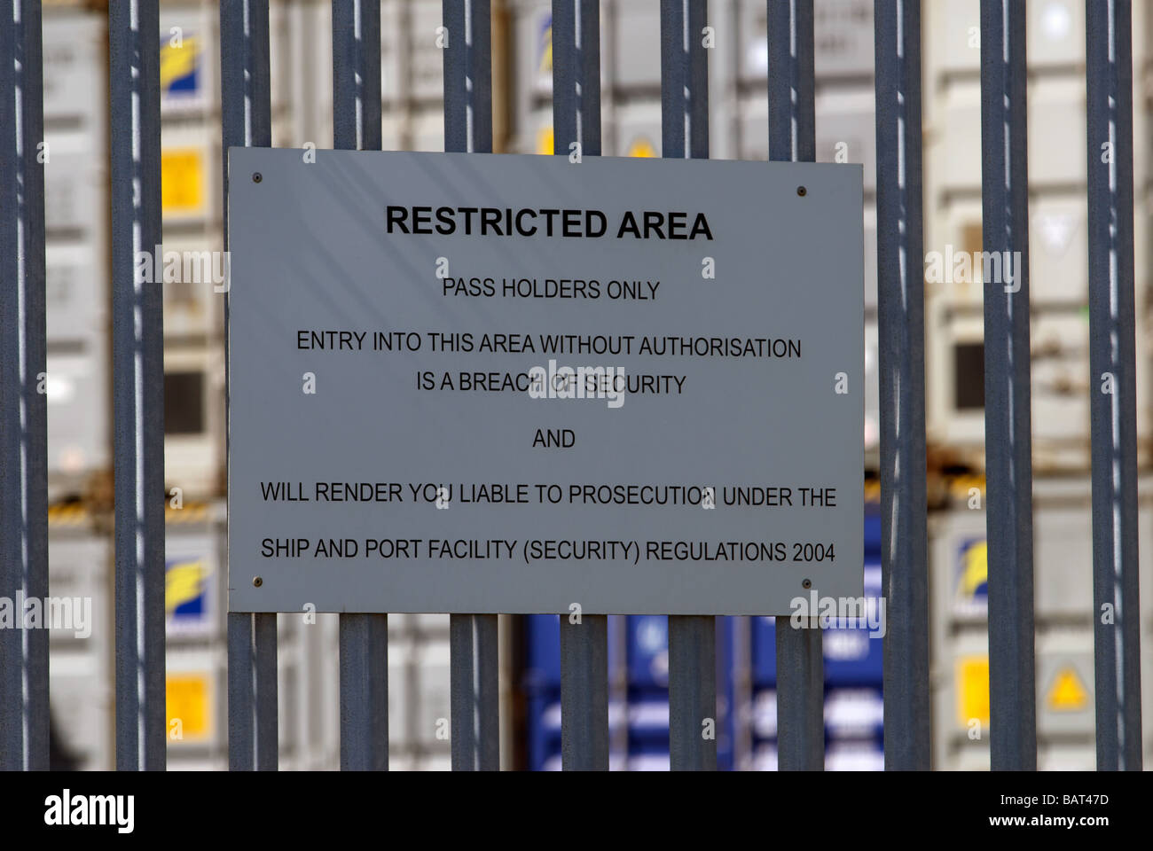 Restricted area sign, Port of Felixstowe, Suffolk, UK. Stock Photo