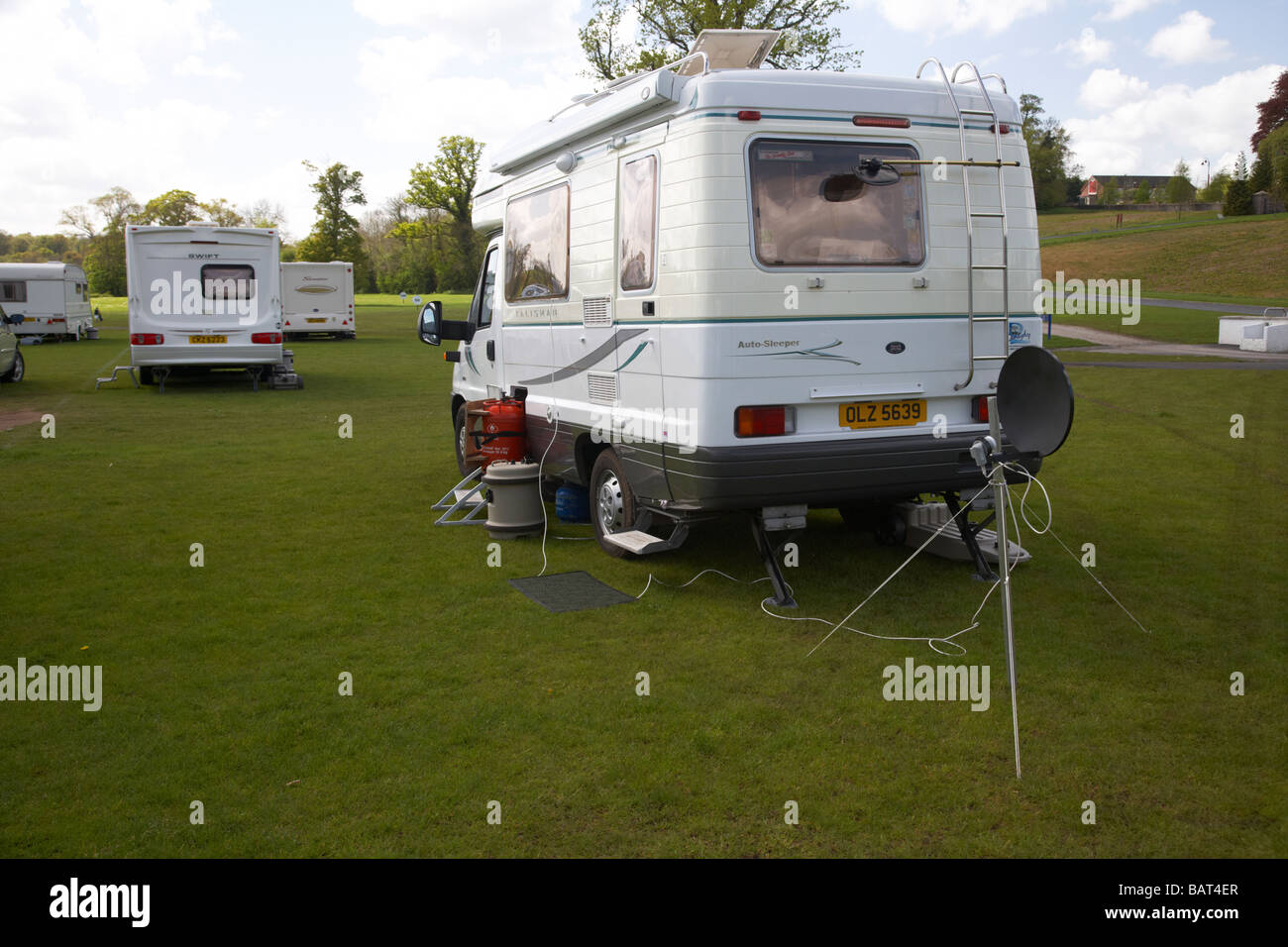 motorhome with satellite dish on a caravan site in county armagh