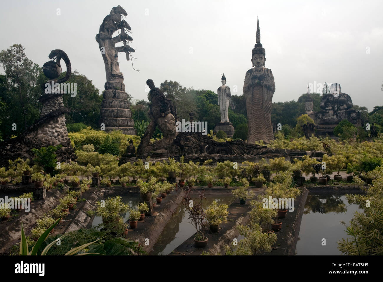 Sala Keo Kou, A park with very large concrete statues / sculptures which represents the life of the Lord Buddha. Stock Photo