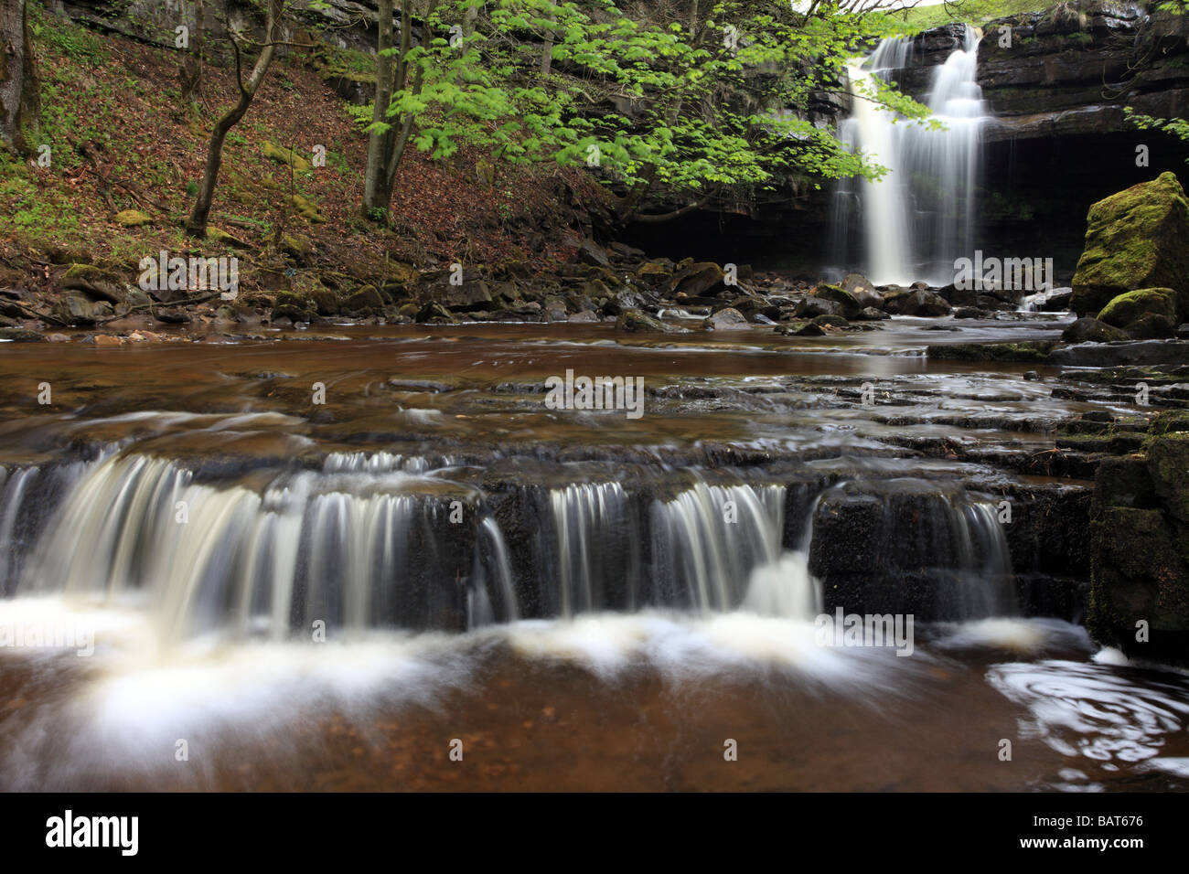Summerhill Force and Gibsons Cave Bowlees Beck Bowlees Upper Teesdale County Durham Stock Photo