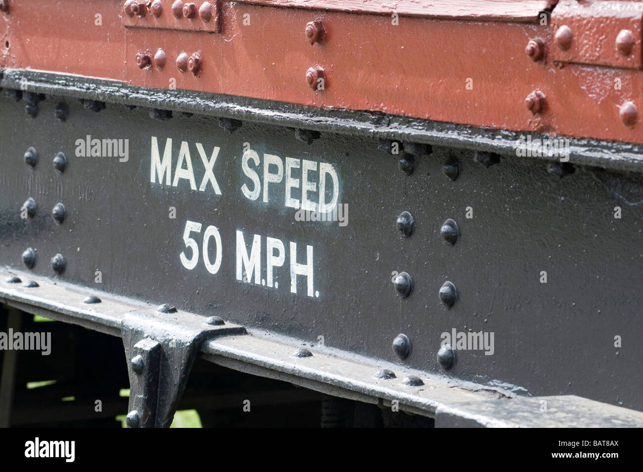 Sign on side of train advising Max Speed 50 MPH Stock Photo