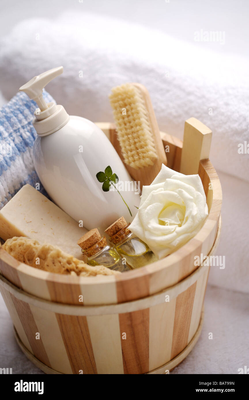 Bathing accessories in a tub Stock Photo Alamy