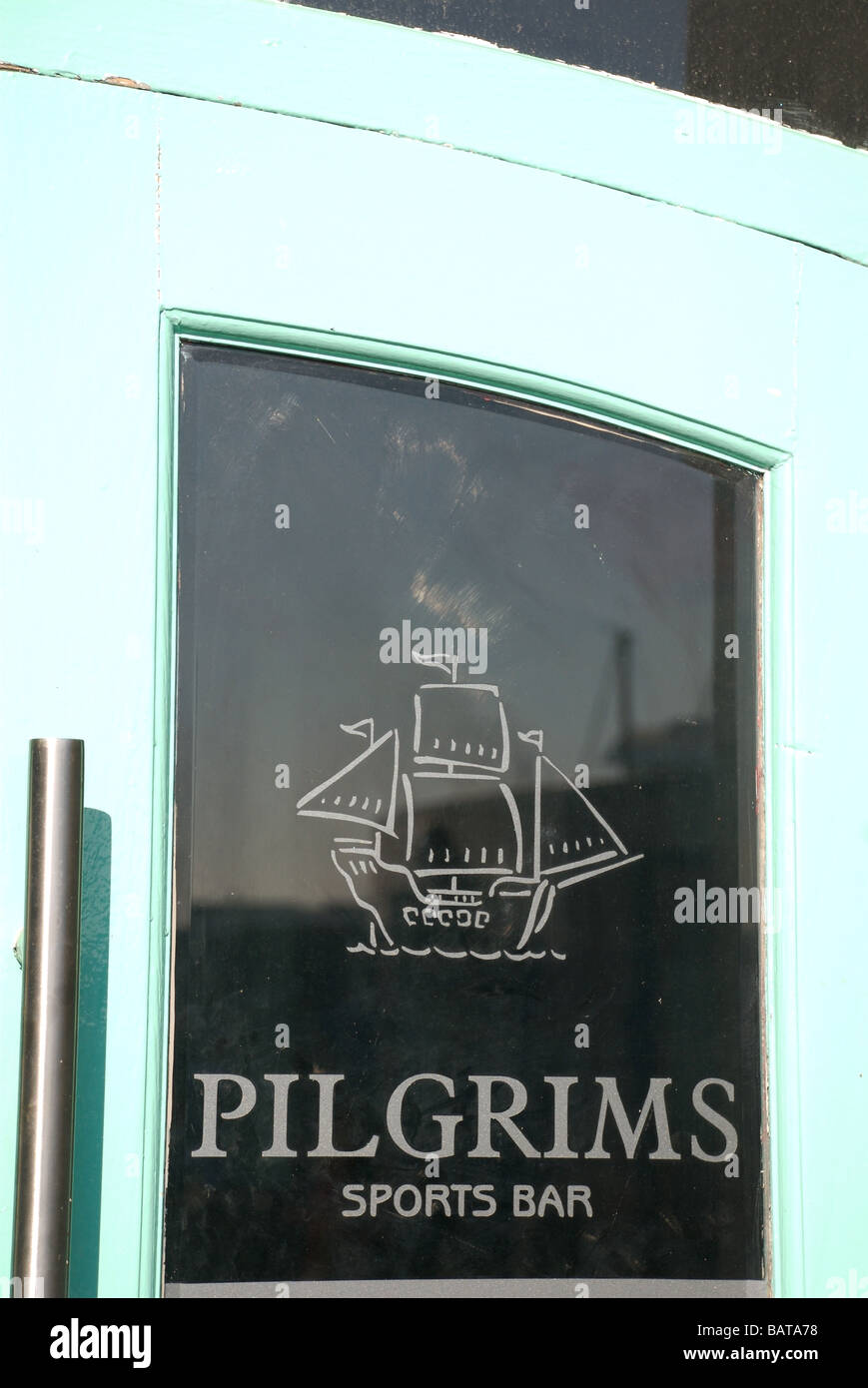 Pilgrims sports bar and Mayflower ship picture, Barbican, Plymouth, Devon, UK Stock Photo