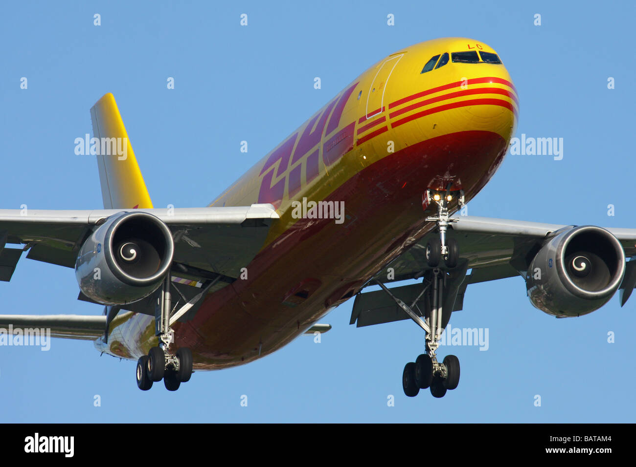 Cargo aircraft - Airbus A300 from DHL company landing on London Heathrow Stock Photo