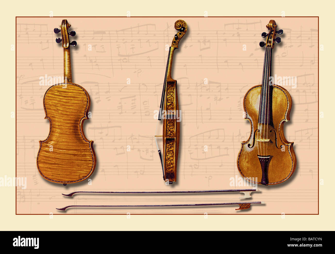 The Hellier Stradivarius and Two Old Bows Stock Photo