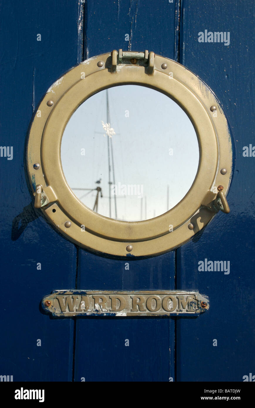 Porthole mirror and Ward Room sign on door, Barbican, Plymouth, Devon, UK Stock Photo
