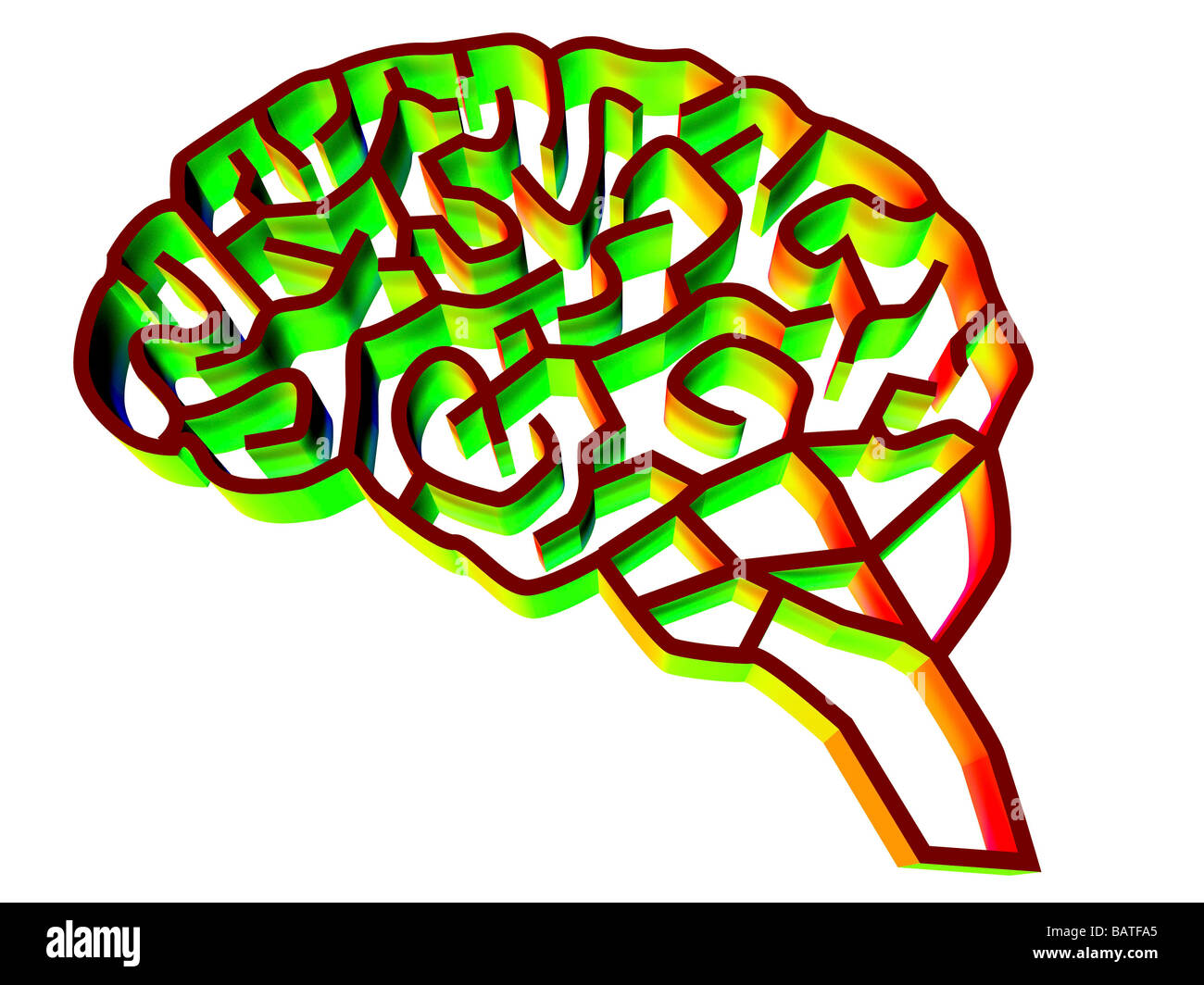 Brain complexity. Conceptual computer artwork of a brain represented as a complex maze. Stock Photo