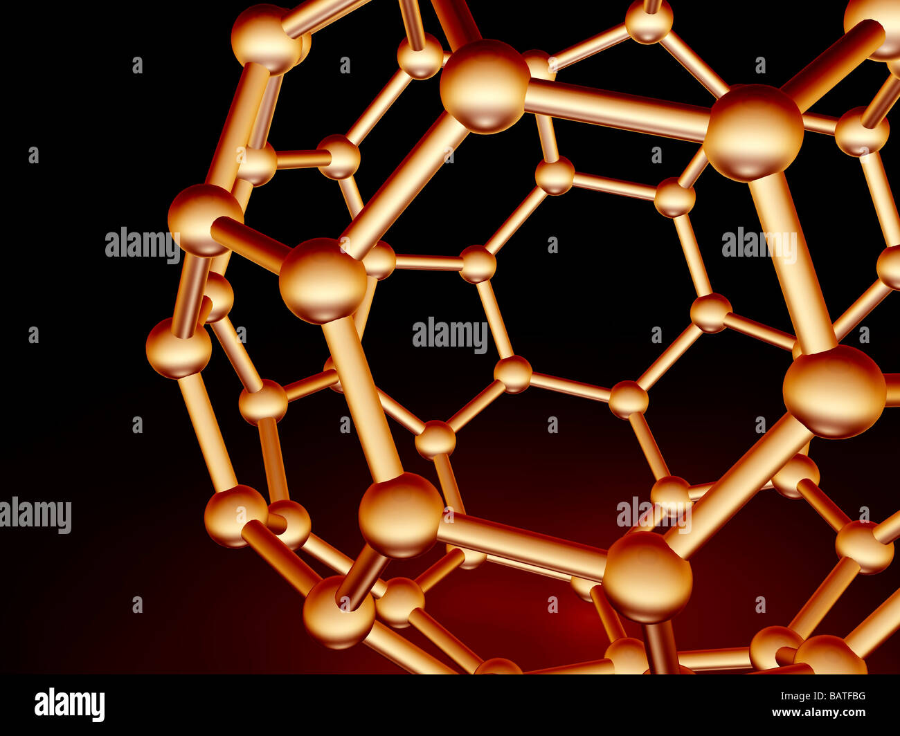 Buckminsterfullerene molecule. Molecular model of a fullerene molecule, a structurally distinct form(allotrope) of carbon. Stock Photo