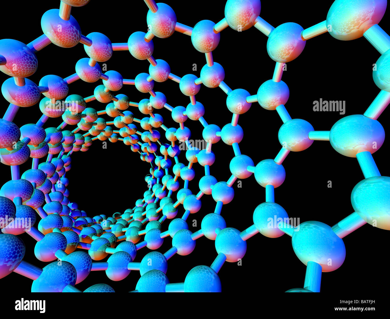 Carbon nanotube. Computer artwork showing the hexagonal carbon structure of a nano tube, orbuckytube. Stock Photo