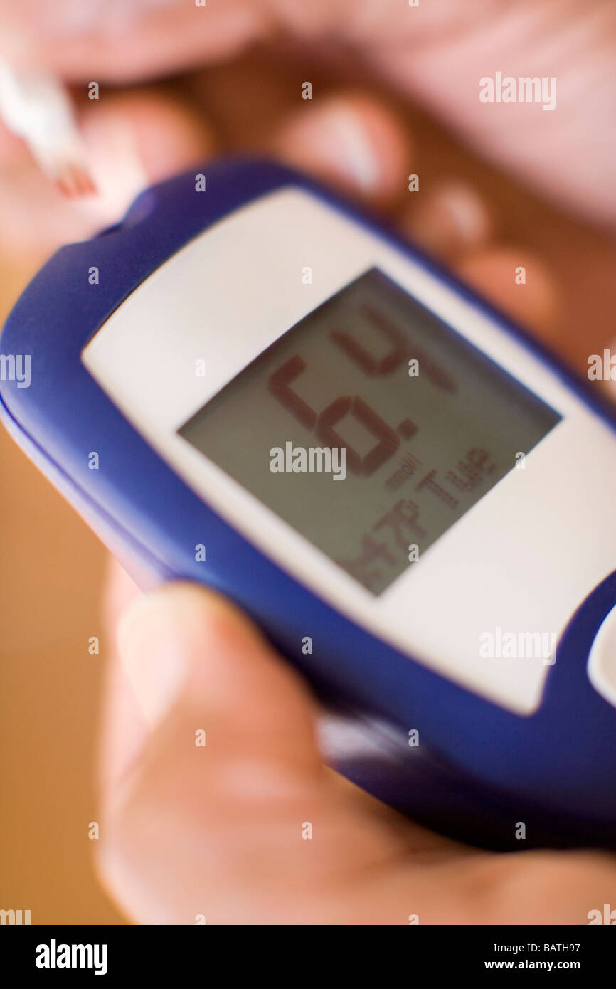 Blood glucose testing.This machine uses a small blood sample to test a